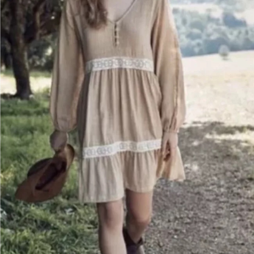 Opia Yasmin Boho lace prairie hand dyed linen mini dress - Picture 3 of 5